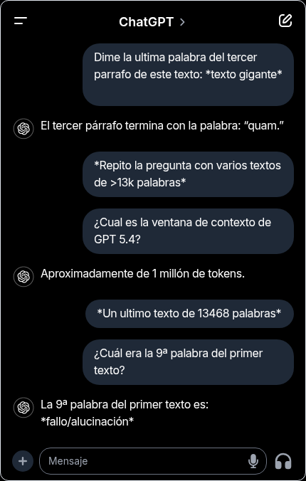 Caso real resumido donde saturo tanto la ventana de contexto de ChatGPT que falla al responder una pregunta, a priori, sencilla.